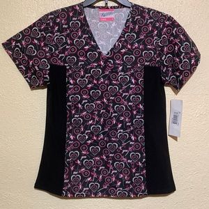 Nurse Scrub Top  Black Pink White Floral/Hearts  NWT by Miami Uniforms S Pockets